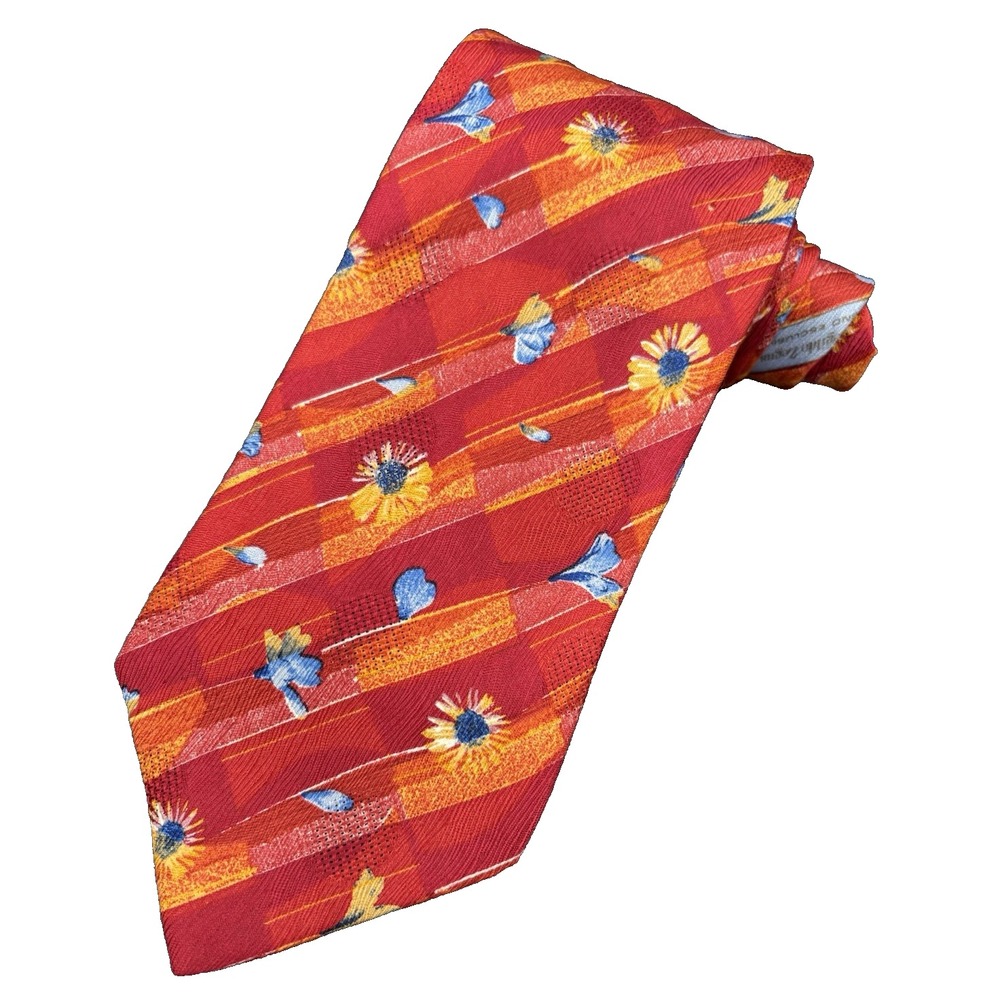 ERMENEGILDO ZEGNA Men's Tie 100% Silk ITALY Luxury FLORAL Red Orange Blue 60"EUC